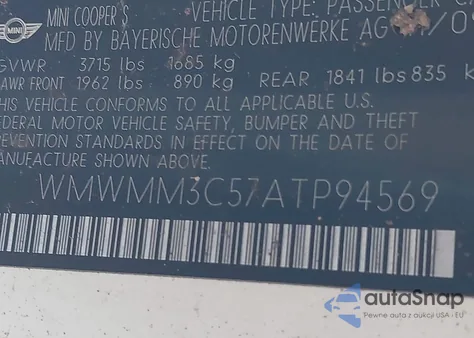 2010 Mini Cooper S Clubman z USA, uszkodzony, nr VIN WMWMM3C57ATP94569